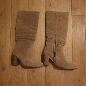 Tan Suede Knee-High Heeled Boots